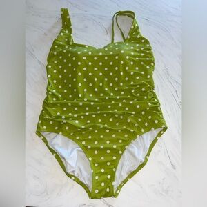 Kona sol one piece swim bathing suit xl green white Polka dot crisscross stretch